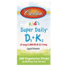 Carlson, Super Daily D3 + K2 для дітей, 25 мкг (1000 МО) та 22,5 мкг, 10,16 мл (0,34 рідк. унції)